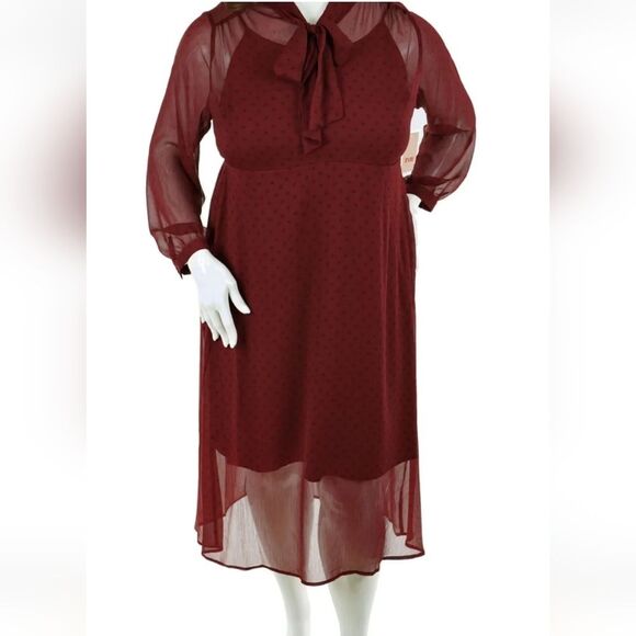 Evri Women's Plus 3X Burgundy Red Floral Print Sheer Tie Neck Midi Dress  NWT - Picture 6 of 9
